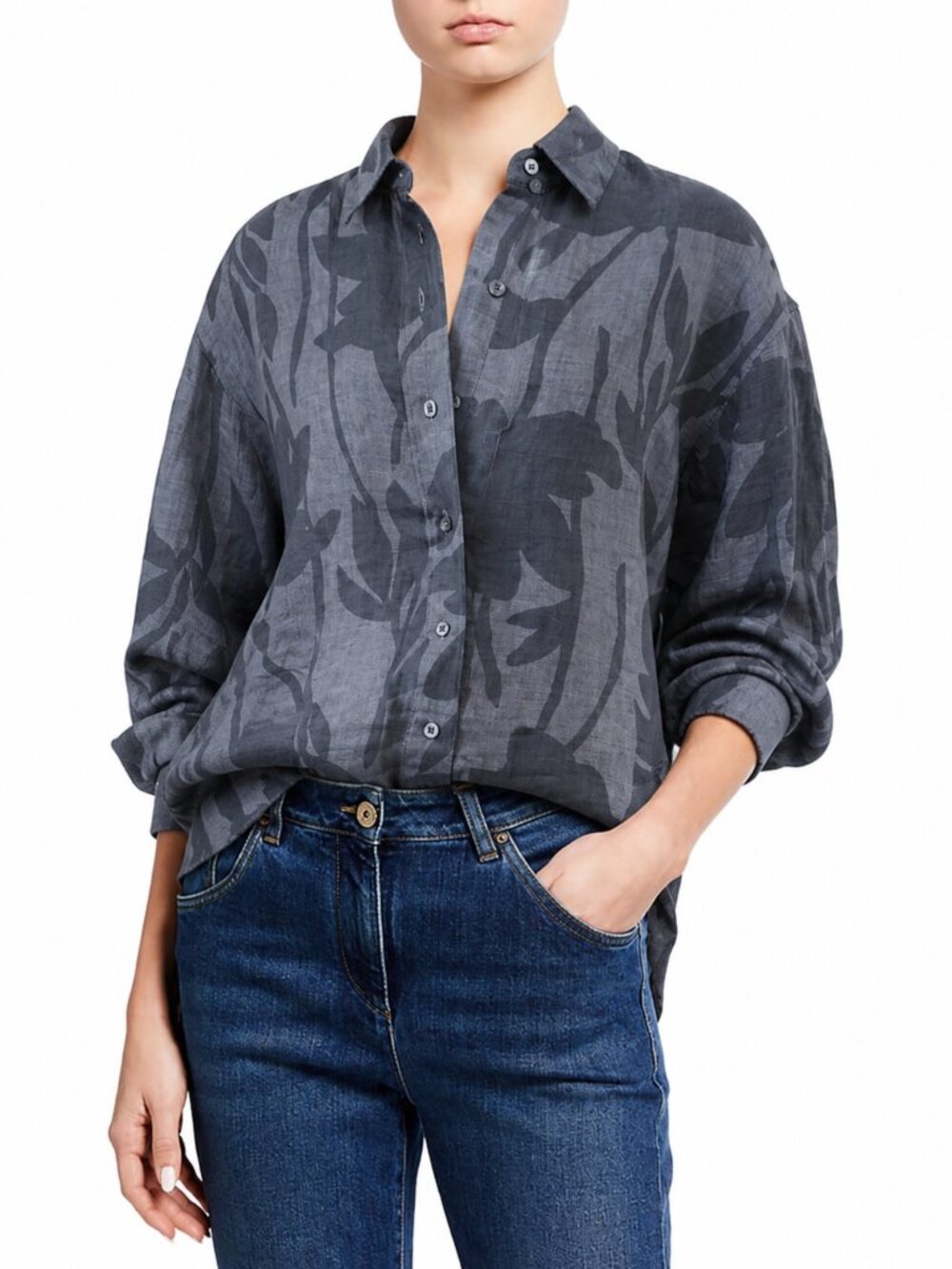 Brunello Cucinelli Monili Blouse Floral Gray 100% Linen Medium New Tags $1950
